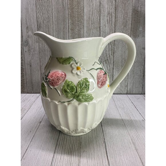 Vintage Neuwirth Pitcher Jug Porcelain Embossed Strawberry 8" Tall Portugal - Picture 2 of 6
